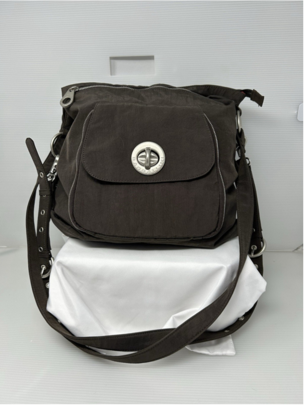BAGGALLINI BRUSSELS 3-WAY Bag Purse Brown/Taupe Nylon Red Lining Travel Pockets!